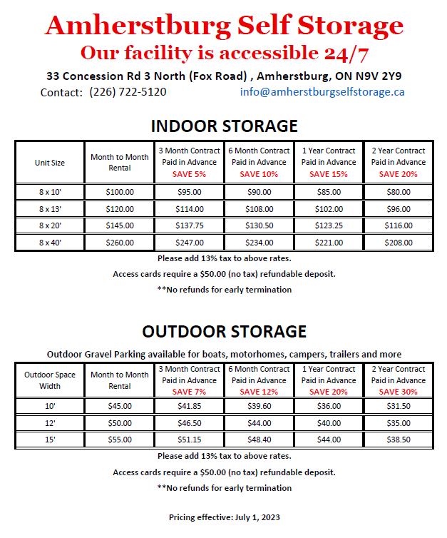 Amherstburg Self Storage - Indoor and Outdoor storage rate card